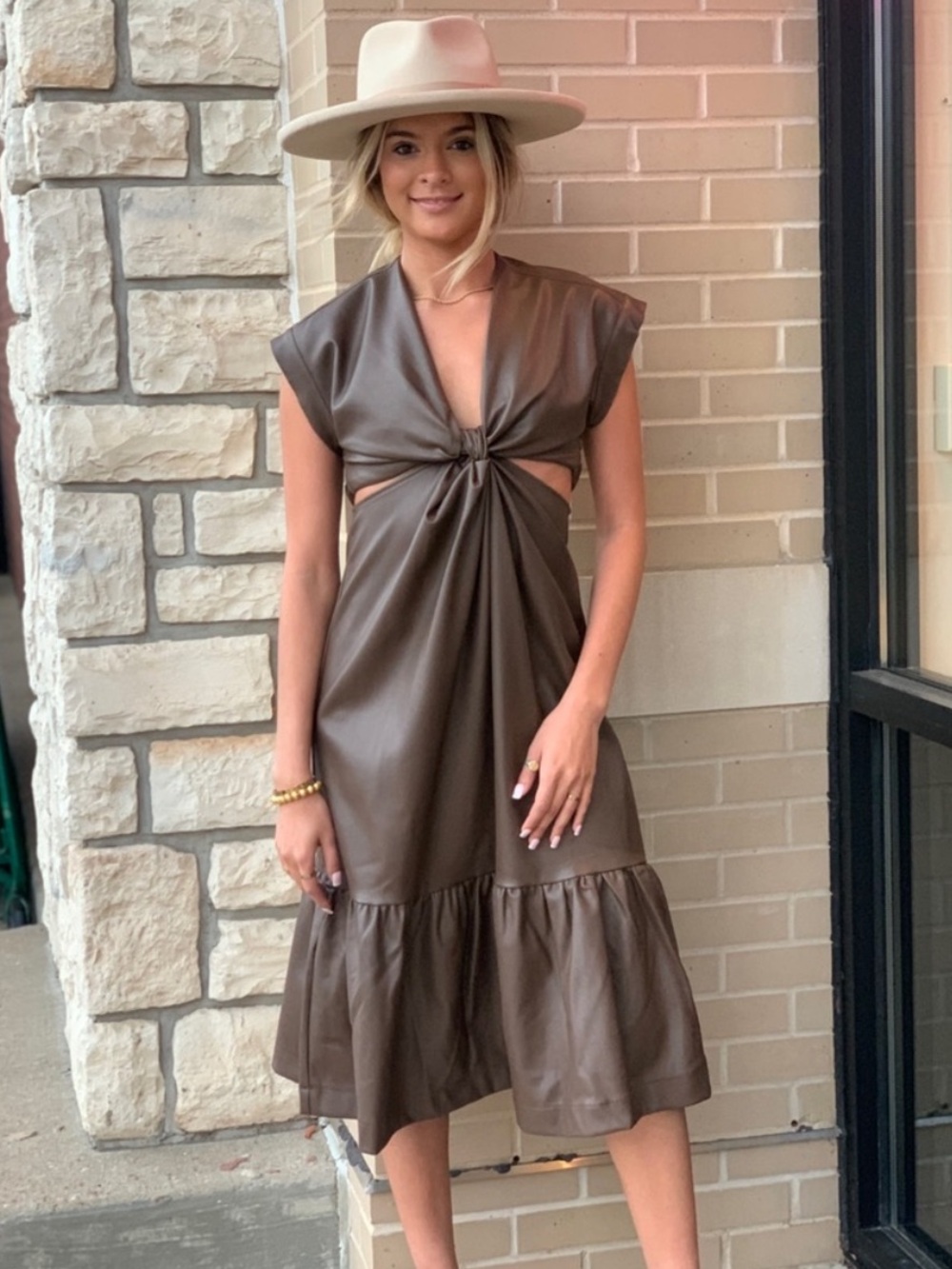 En Saison Like New Lana Cutout Vegan Leather Midi Dress Brown Size M